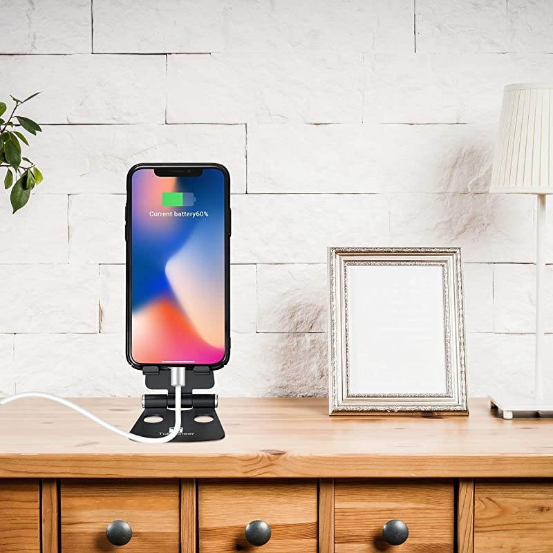 Adjustable Cell Phone Stand  Phone Holder for Desk Small Size Portable Desktop Dock Compatible with iPhone XR XS X 11 9 8 7 6 Plus Samsung Google Office Home Desk Nightstand Decor Black