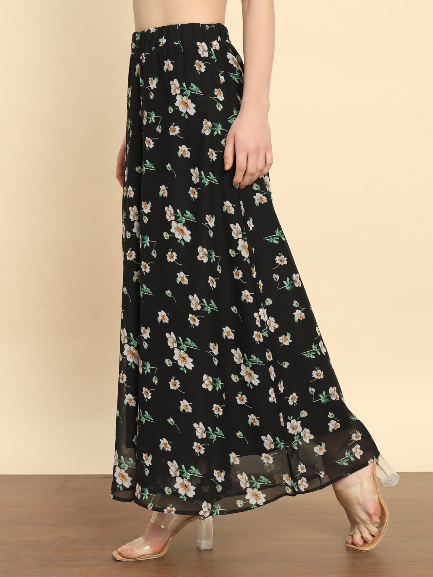 Trend Arrest Black Floral Print Flared Fit High Rise Palazzos