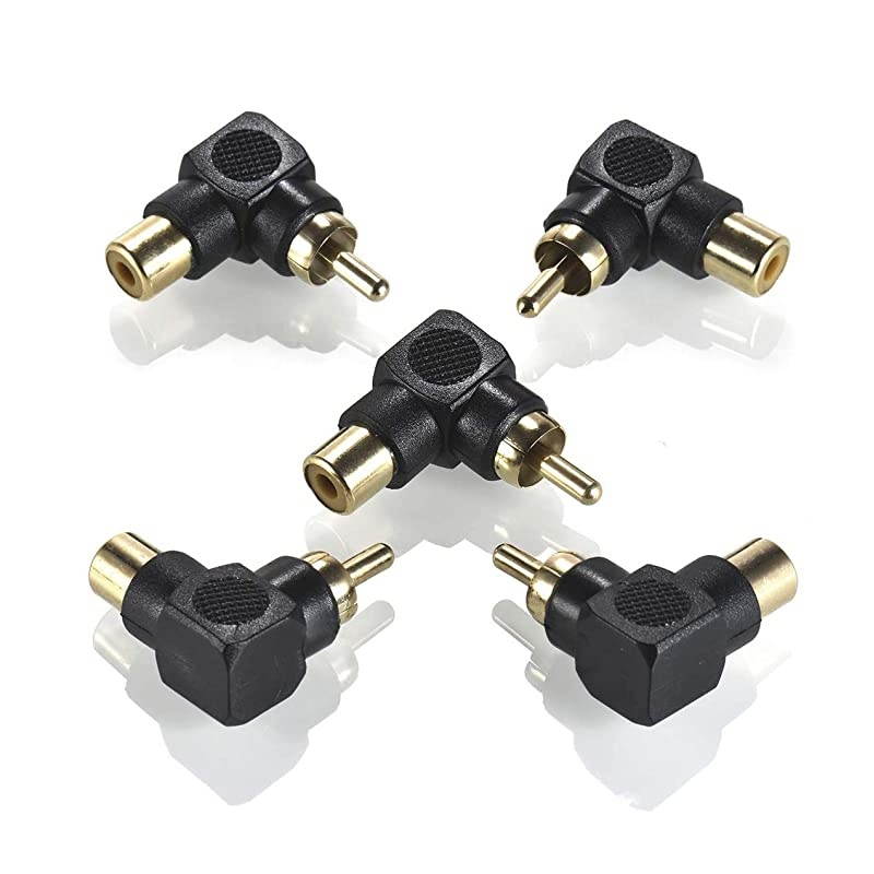 5Pack Gold Plated RCA Male to Female Coupler L Shape 90 Degrees Right Angle RCA Adapter Black