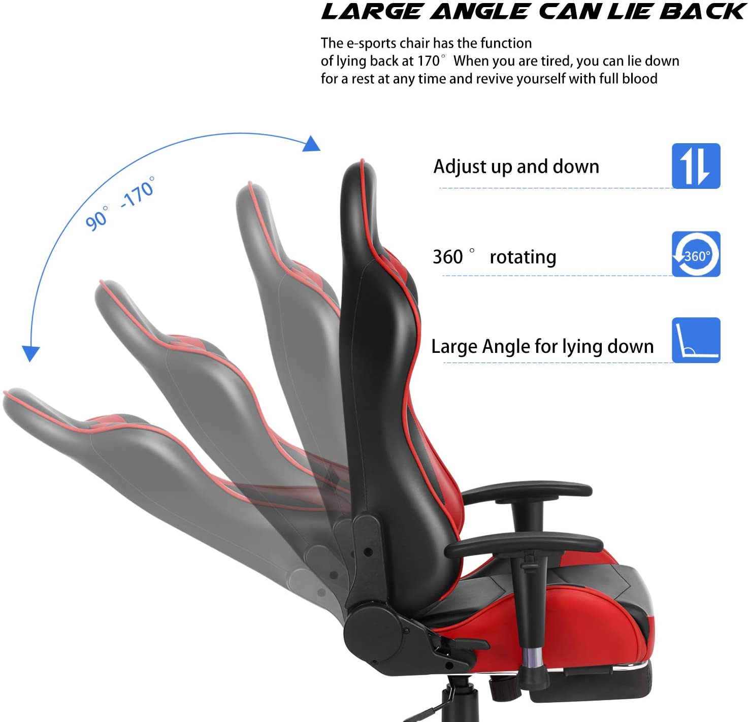 Ergonomic Gaming Chair | Home Office Chair | Adjustable Swivel Leather Computer Chair | High Back Desk Chair with Smooth PU Leather,Headrest,Footrest,Lumbar Support and Tilt Locking Mechanism  Pillow