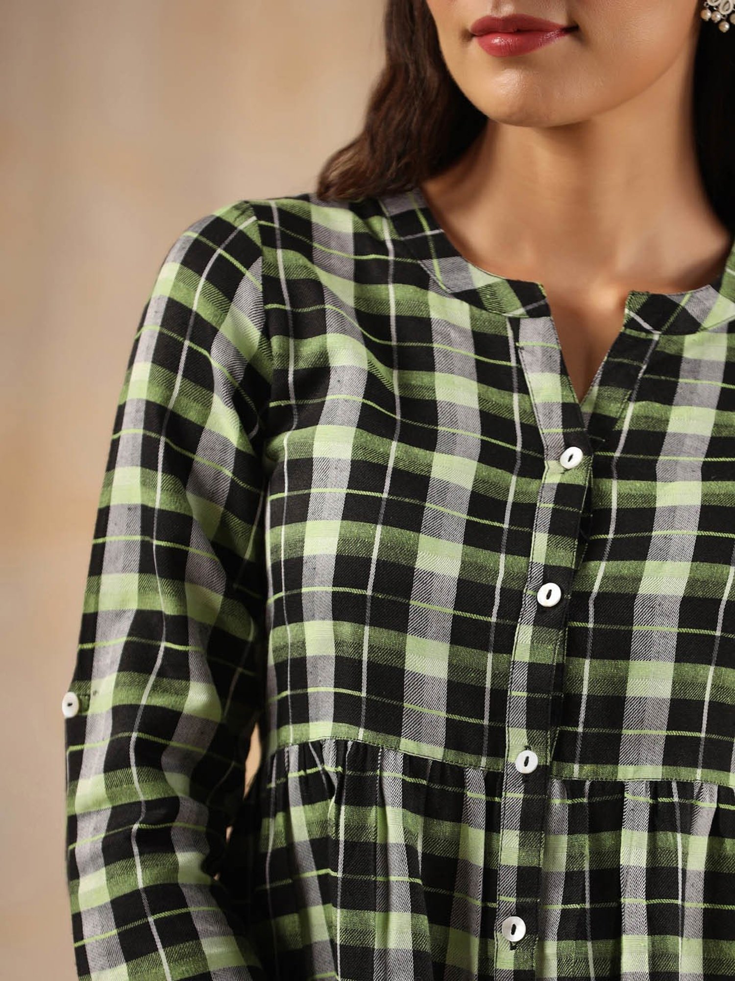 Jaipur Kurti Green Check Peplum Top