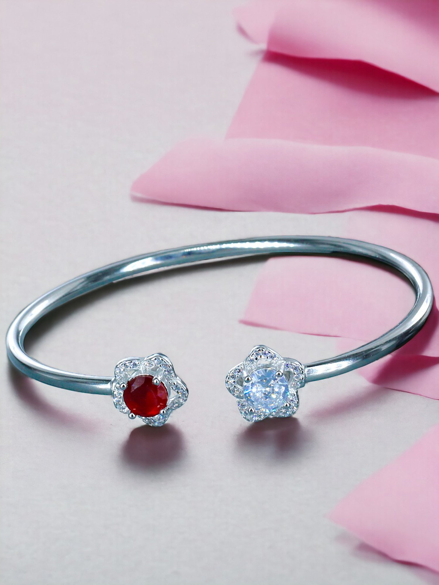 Taraash 925 Sterling Silver Floral Design Red CZ Bangle For Women