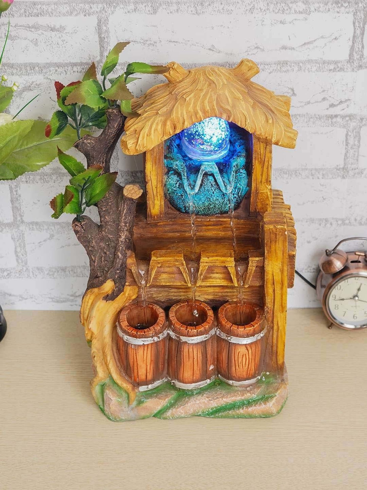 CHRONIKLE Brown & Blue Polyresin Hut Style 2 Steps Waterfall Fountain