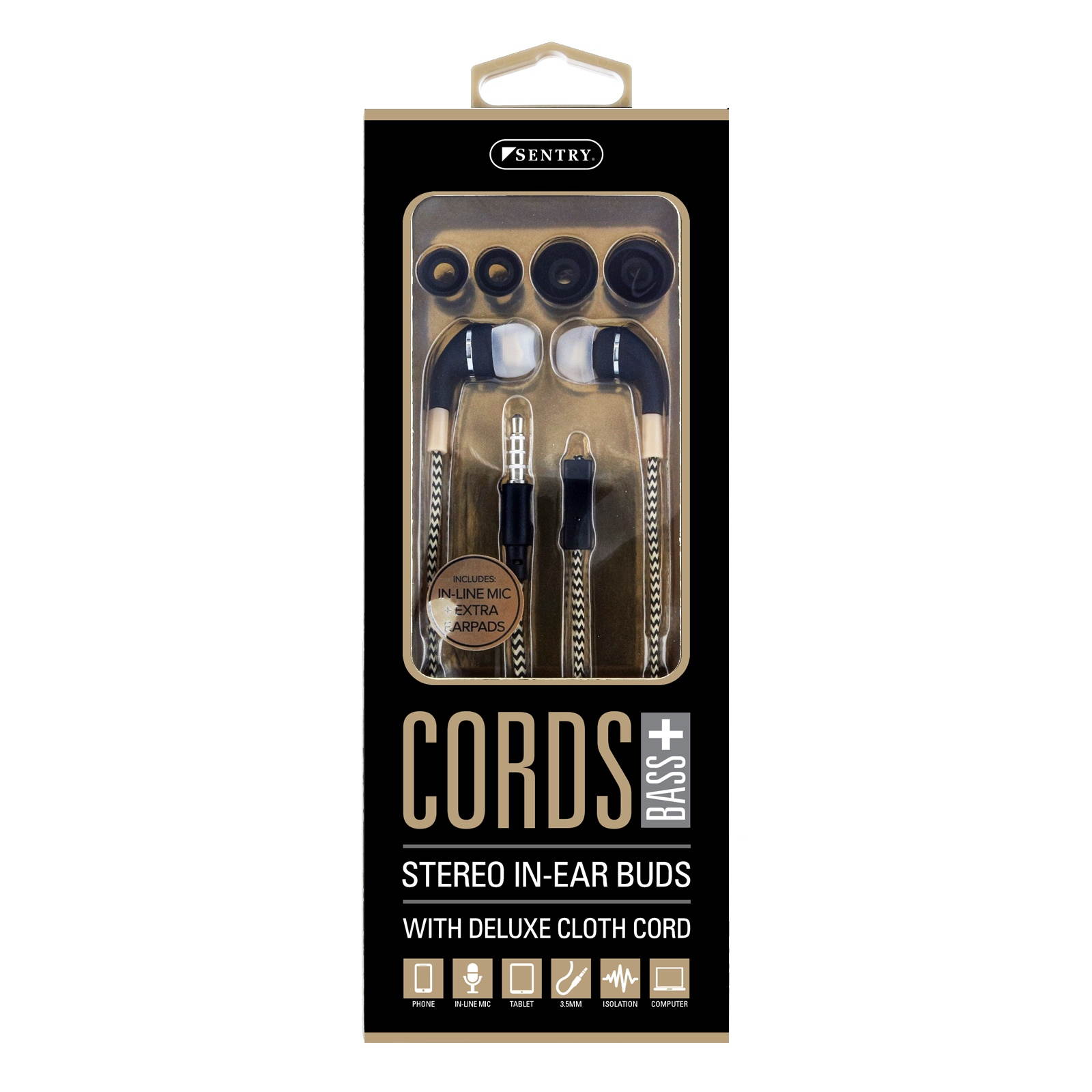 SENTRY Cords Stereo Earbuds with deluxe cloth cord & inline mic  BLACK HM650-BLACK