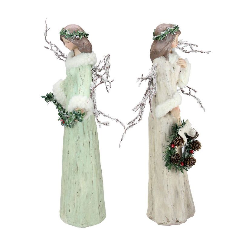 Melrose Set of 2 Beige and Mint Green Branch Winged Angels Christmas Tabletop Decor 15"