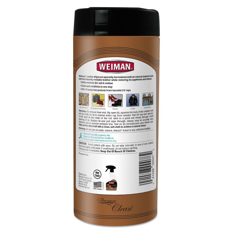 Weiman Leather Wipes, 7 x 8, 30/Canister, 4 Canisters/Carton 91CT