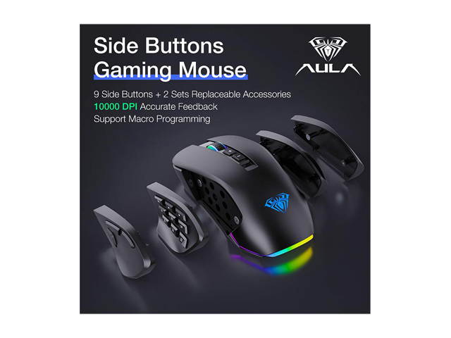 AULA H510 RGB Gaming Mouse with 9 Side Buttons High Precision 10000 DPI Optical Sensor, Fire Button Computer Mice 14-Programmable-Buttons for PC/Gamer