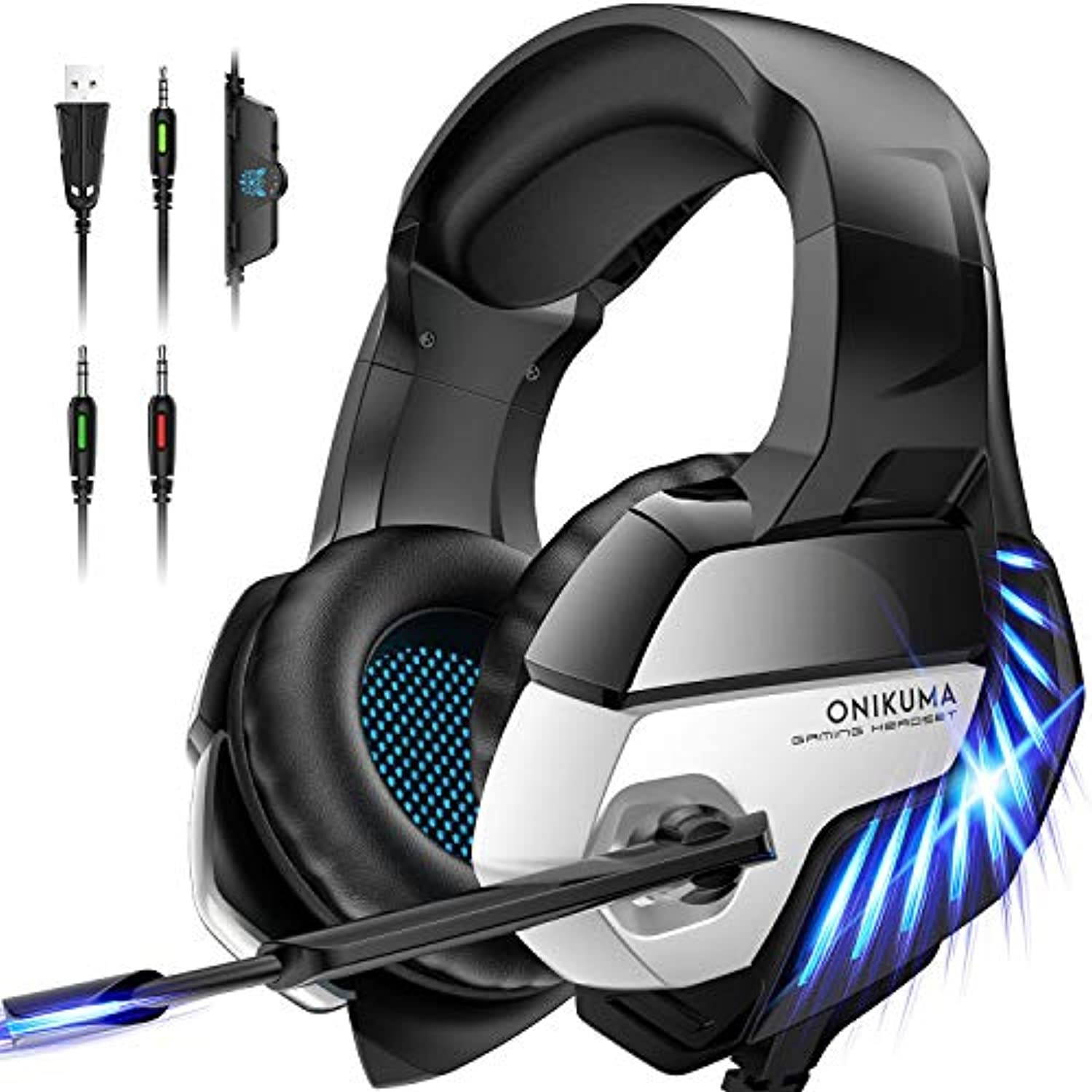 ONIKUMA Gaming Headset for PS4, Gaming Headphones with 7.1 Surround Sound, Xbox One Headset with Noise Canceling Mic LED Light, Over-Ear Headphones for PS4, Xbox One, PC, Mac, Laptop (Black)