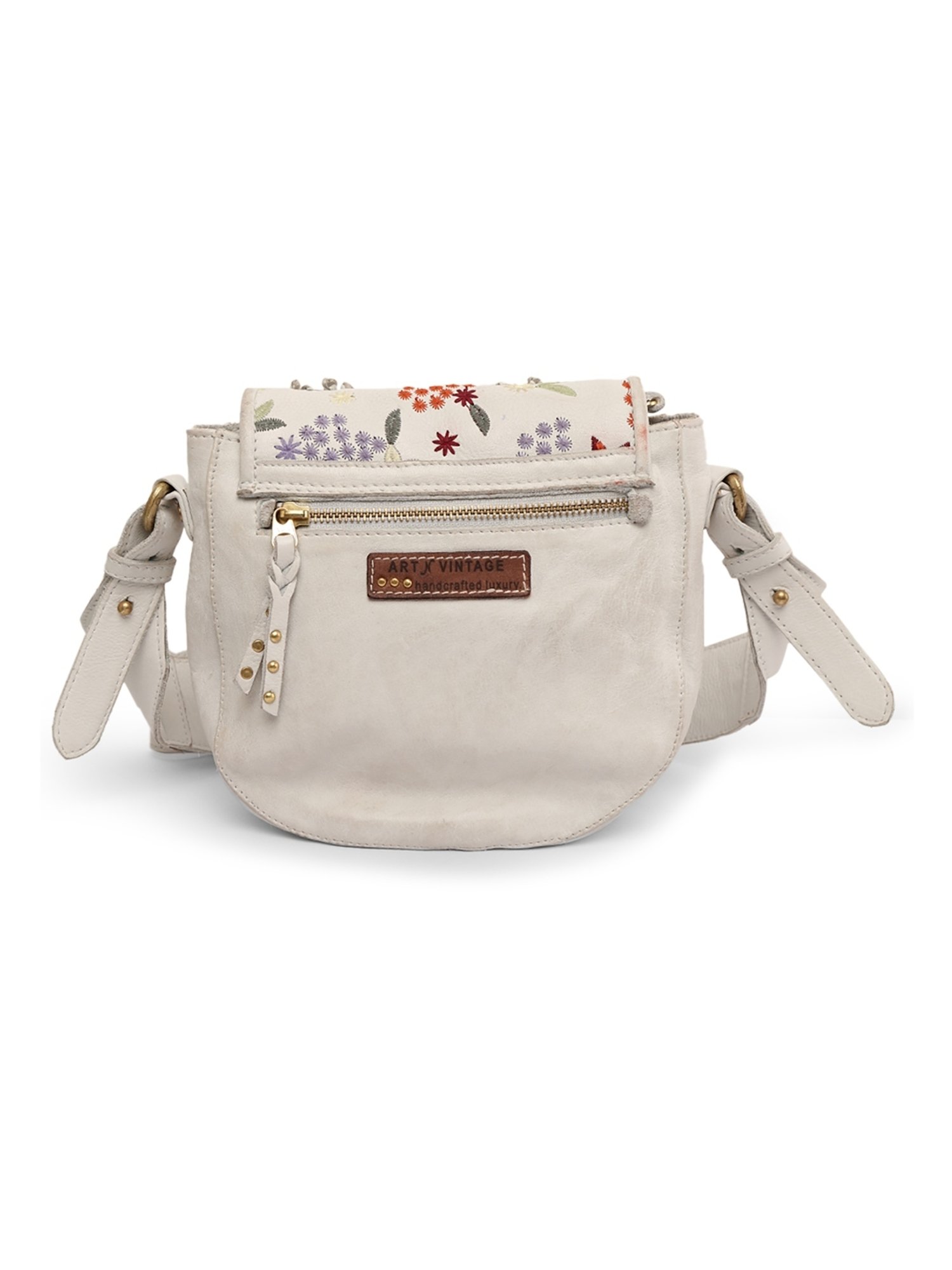Art N Vintage Floral Bliss White Leather Embroidered Small Sling Handbag