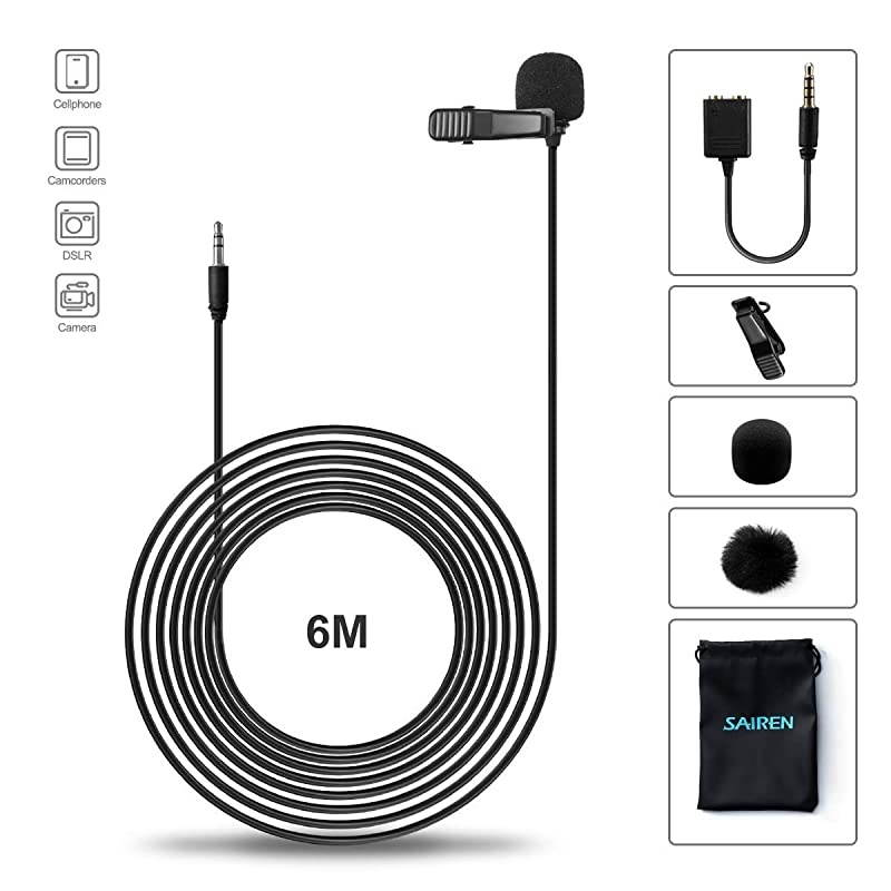 SLav 35mm Plug Lavalier Microphone Omnidirectional Condenser Mic for iPhone Android Smartphone Easy Clipon Recording Mic for Sony a6300 a6400 a6500 a6600 Canon Nikon YouTube Interview