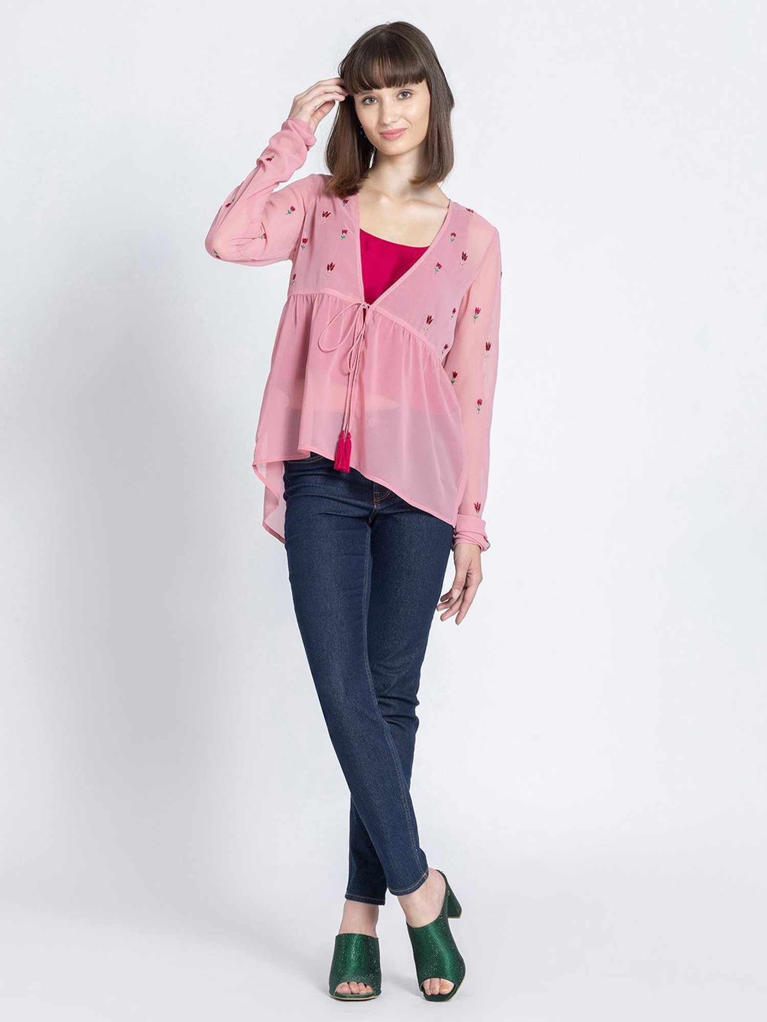 SHAYE Pink Embroidered Shrug With Inner