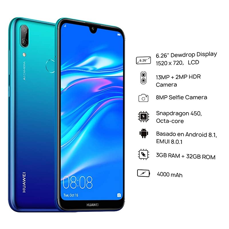 Y7 2019 32GB 3GB 626quot Dewdrop Display 4000 mAh Battery 4G LTE GSM Dual SIM Factory Unlocked Smartphone DubLX3 International Version No Warranty Blue