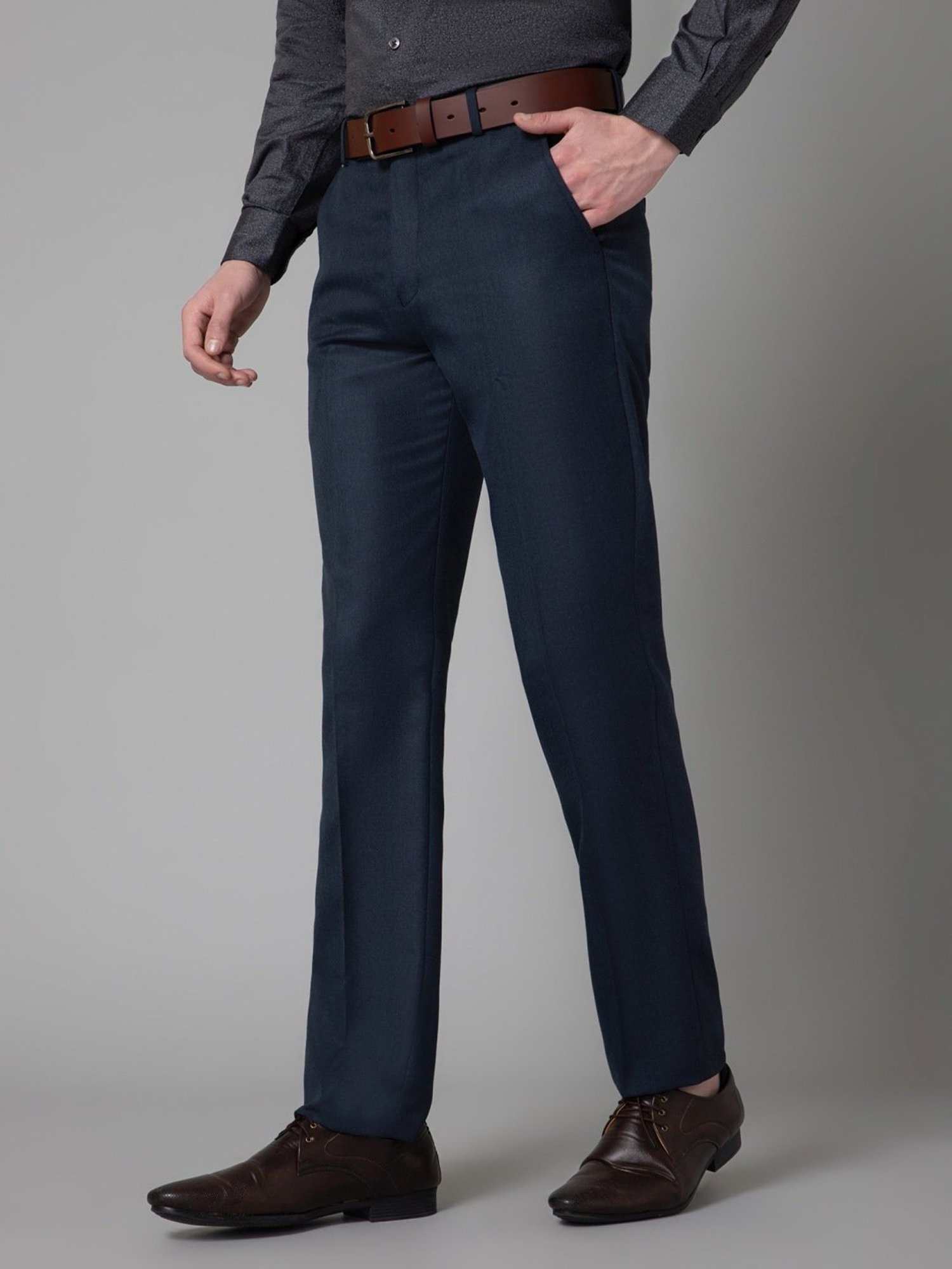 Cantabil Navy Regular Fit Self Pattern Trousers