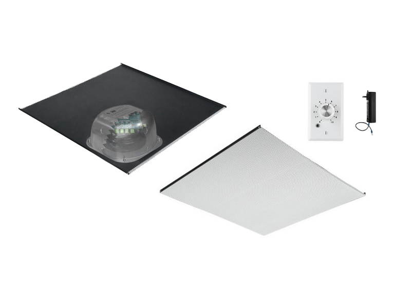 Three Source/6 inch Integratable Amplified In Ceiling Speakers on a 2x2 Vinyl Grill (Two Speaker Package with Volume Control)