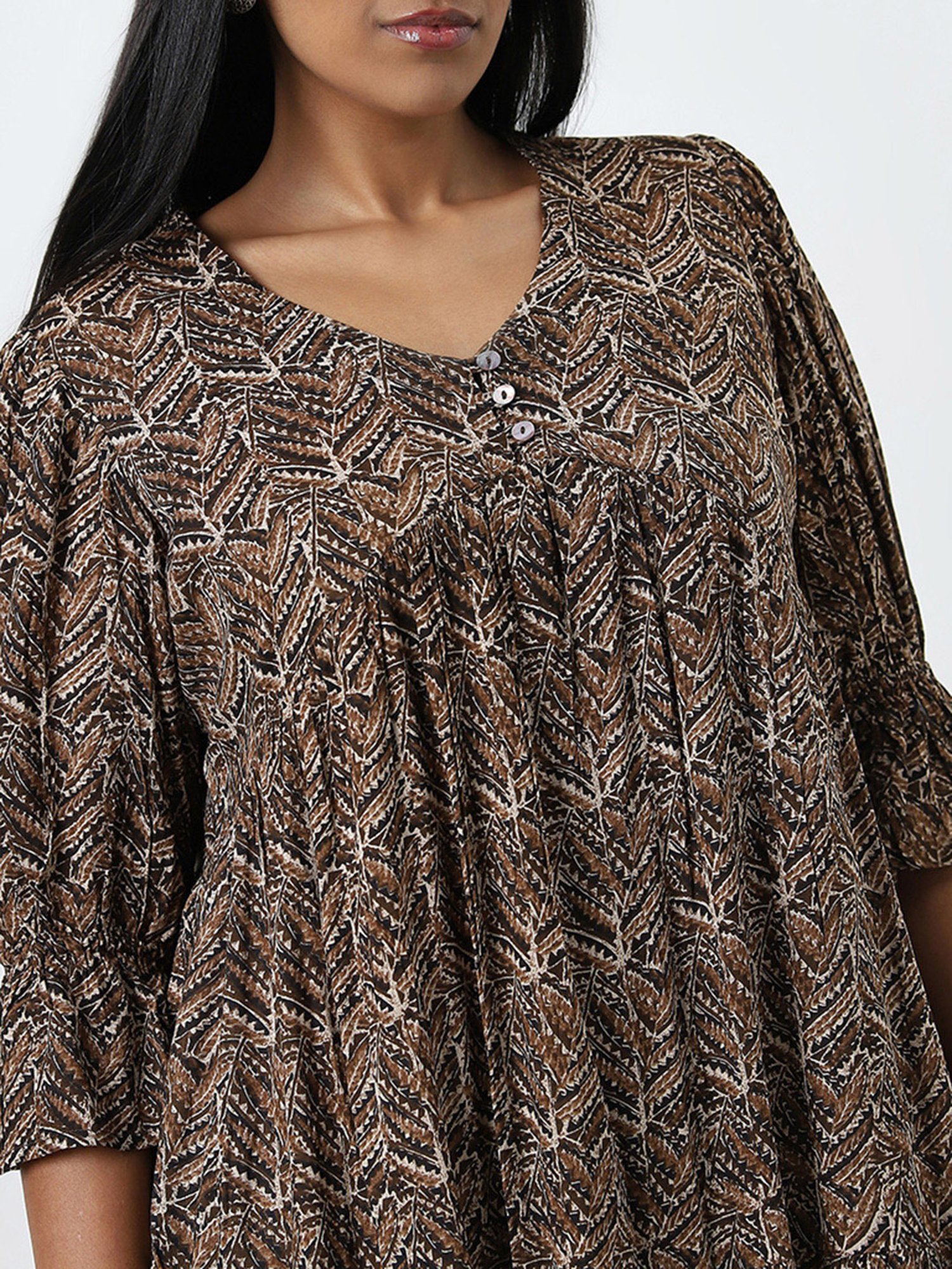 Diza by Westside Brown Leaf Printed Fit-and-Flare Tiered Dress