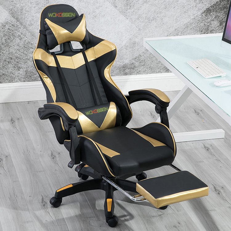 Wokossen Gaming Chair Racing Style Office Chair Adjustable Lumbar Cushion Swivel Rocker Recliner Leather High Back Ergonomic Computer Desk Chair with Retractable Footrest(Black/White)