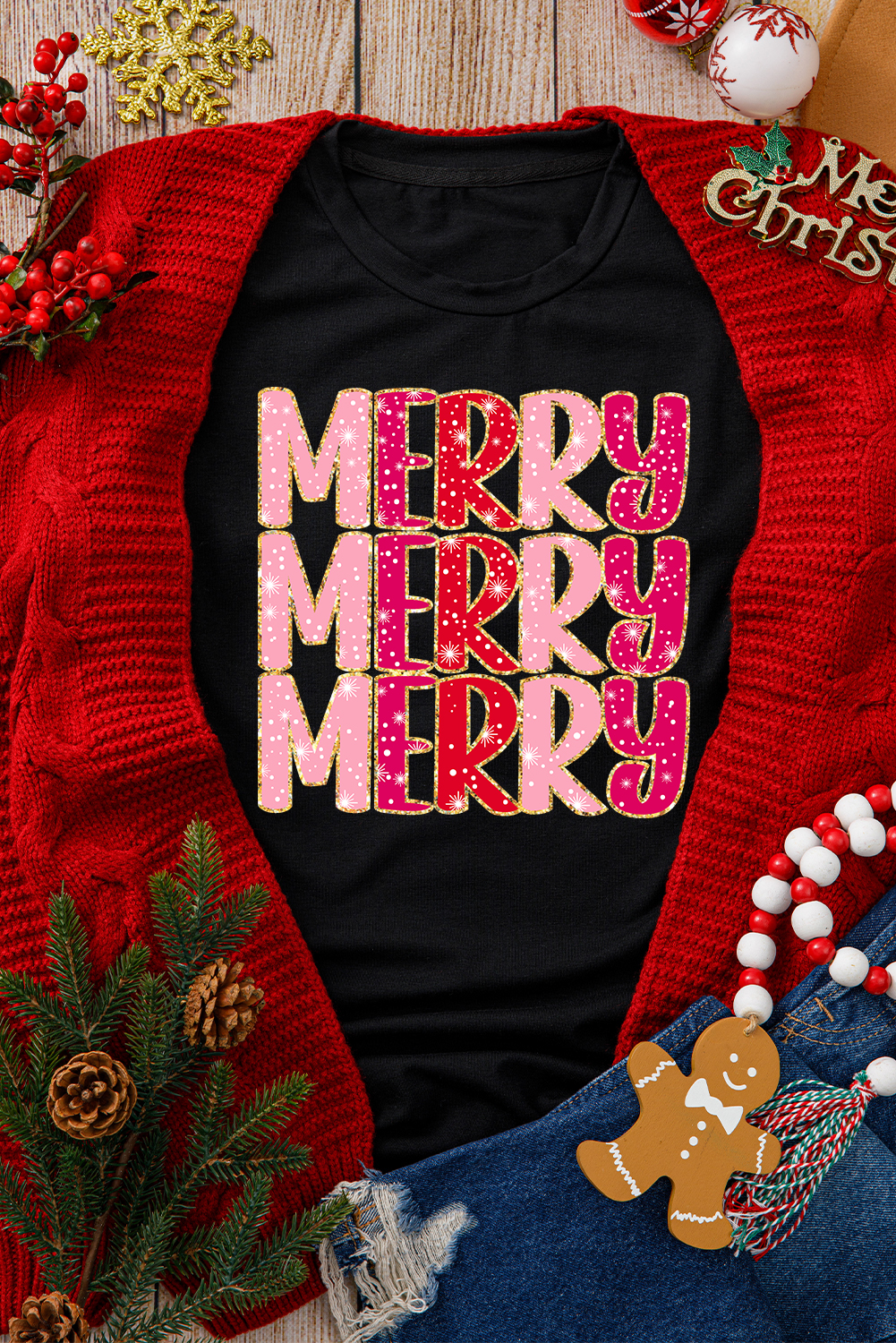Black Christmas Fashion MERRY Letter Graphic T Shirt