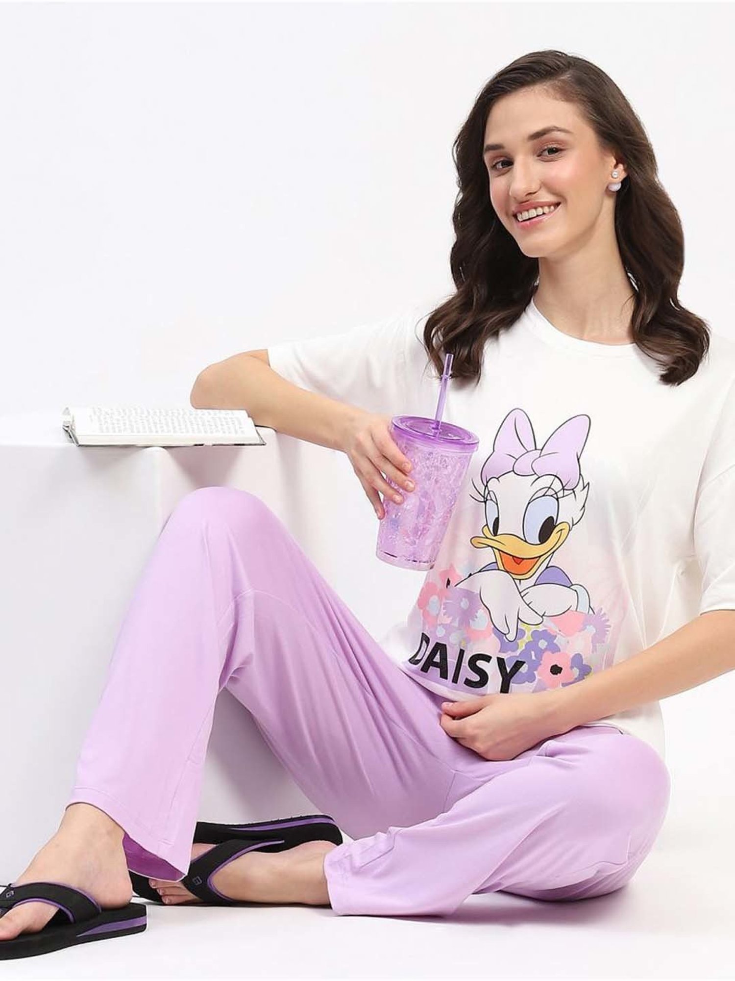 MADAME M Secret White & Purple Cotton Printed T-Shirt Pyjamas Set