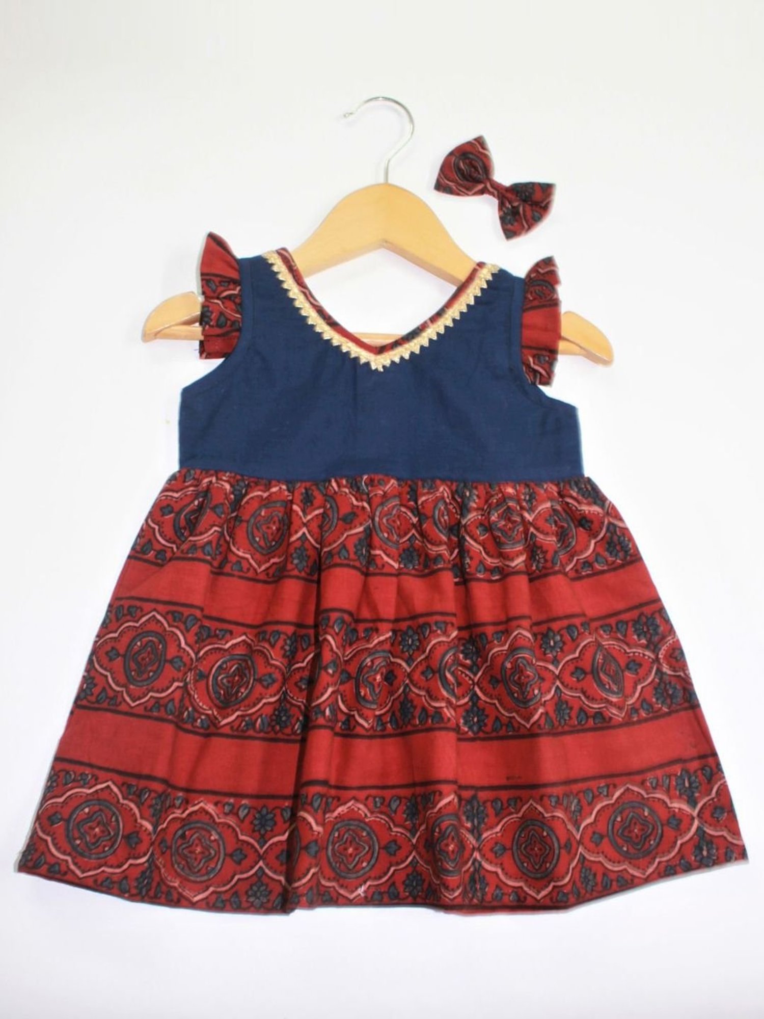 Many Frocks Kids Blue & Maroon Cotton Printed Dress