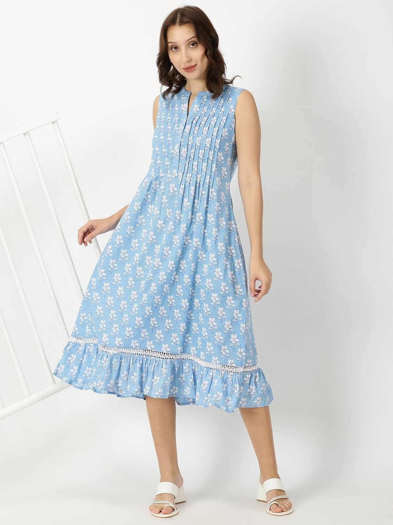 Saffron Threads Blue Cotton Floral Print Ethnic Dress