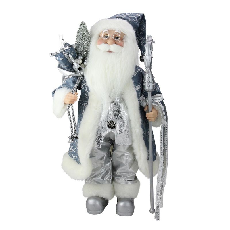 Northlight 16" Ice Palace Standing Santa Claus Holding A Staff and Bag Christmas Figure