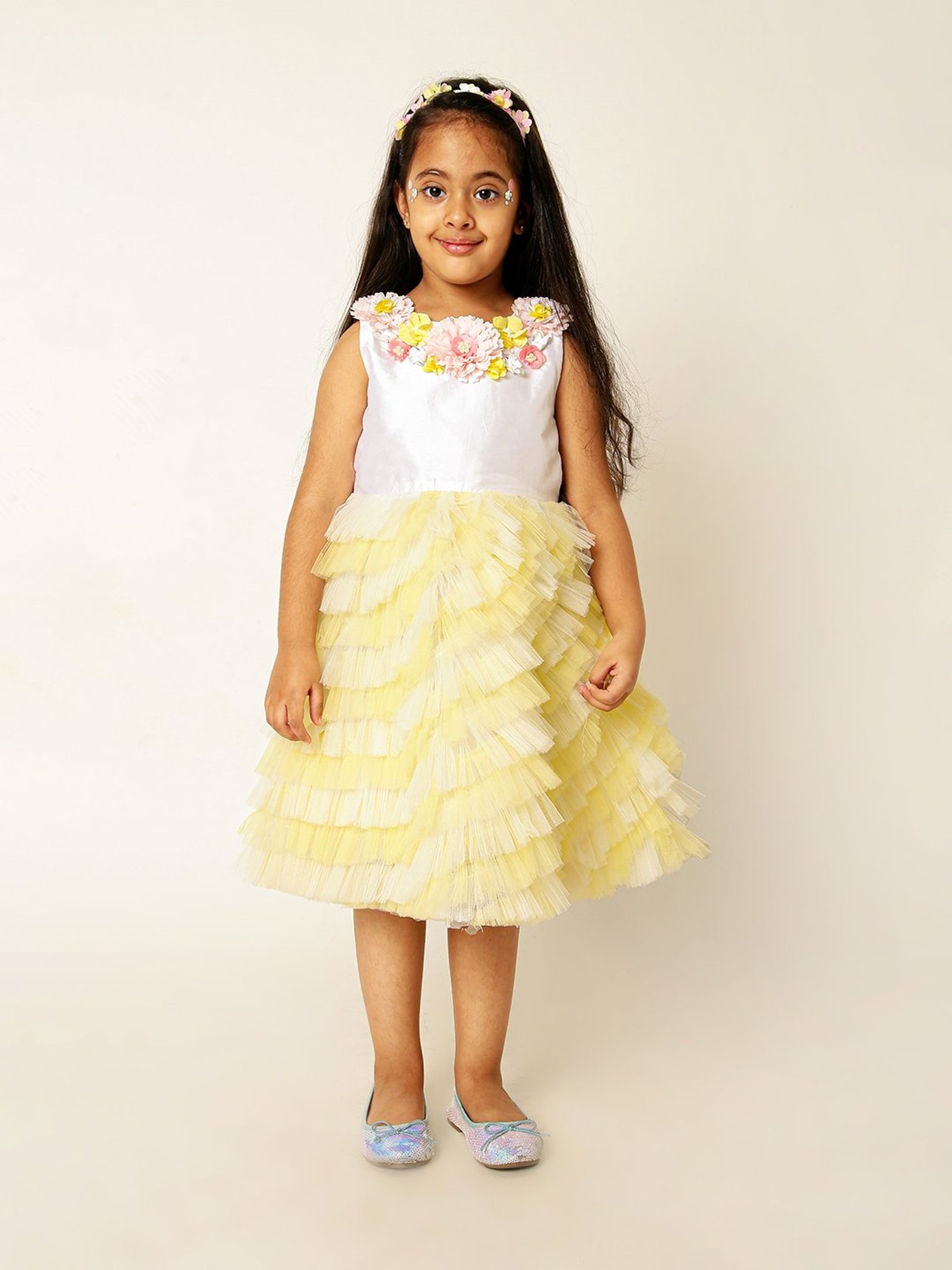 A Little Fable Girls White & Yellow Applique Dress