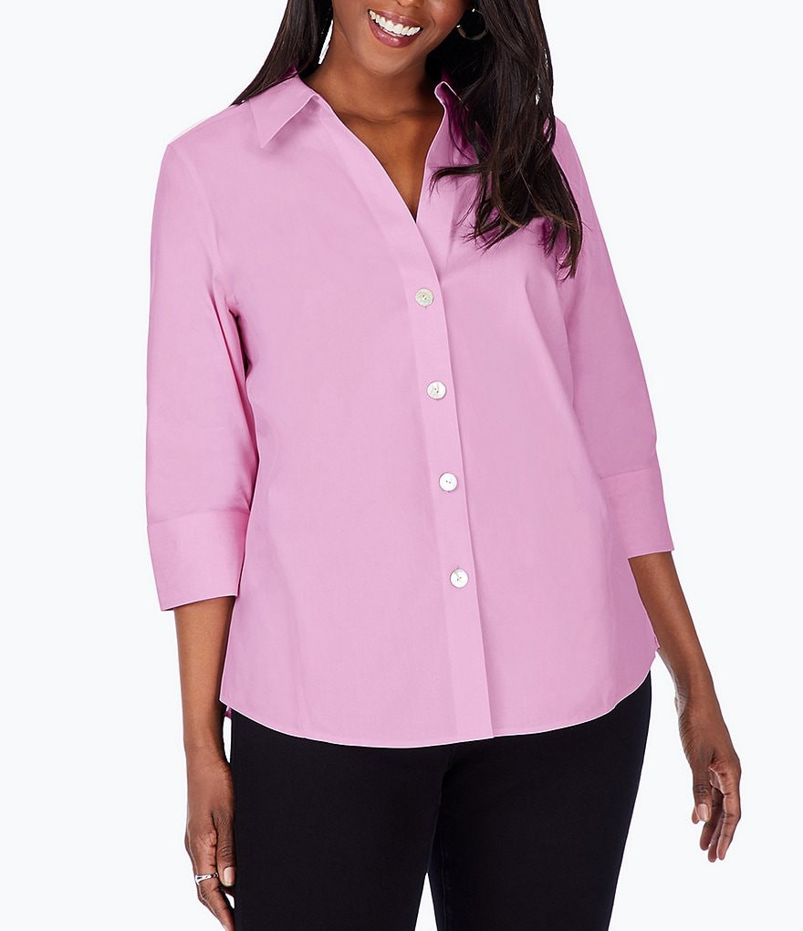 Foxcroft Plus Size Point Collar Neck 3/4 Sleeve Paityn Solid Shirt