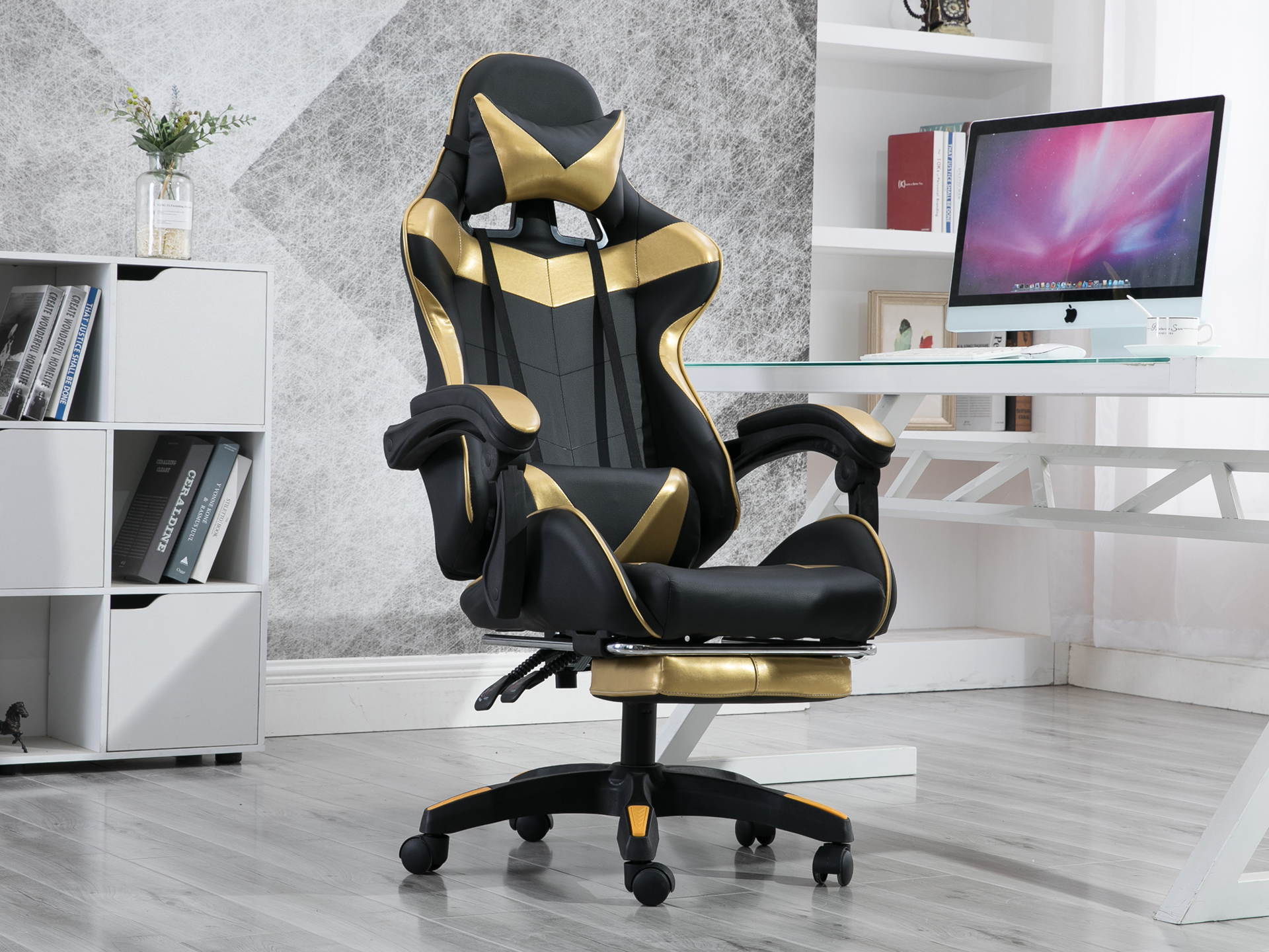 WEI&WEN Gaming Chair, Office Computer Game Chair, Height Adjustment Recliner Swivel Rocker with Headrest and Lumbar Pillow E-Sports Chair (Black/Gold)