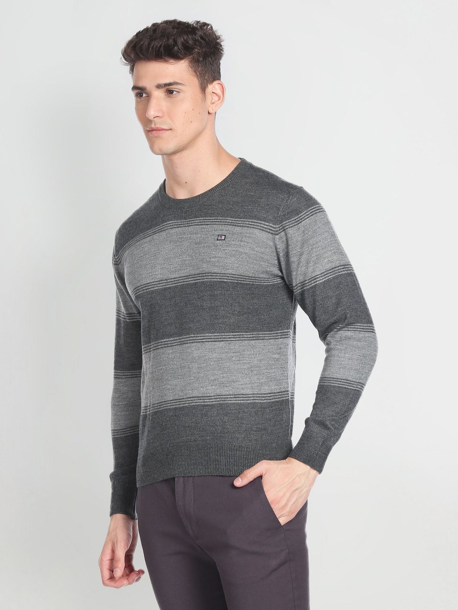 Arrow Sport Grey Regular Fit Striped Sweater
