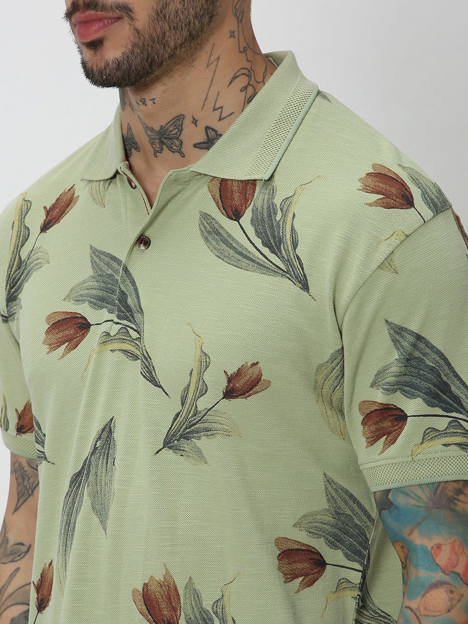 Mufti Light Olive Slim Fit Floral Print Cotton Polo T-Shirt
