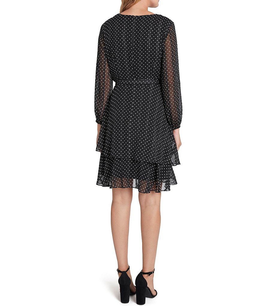 Tahari ASL Dotted Satin Tie Waist Tiered Ruffle Skirt Faux Wrap Dress