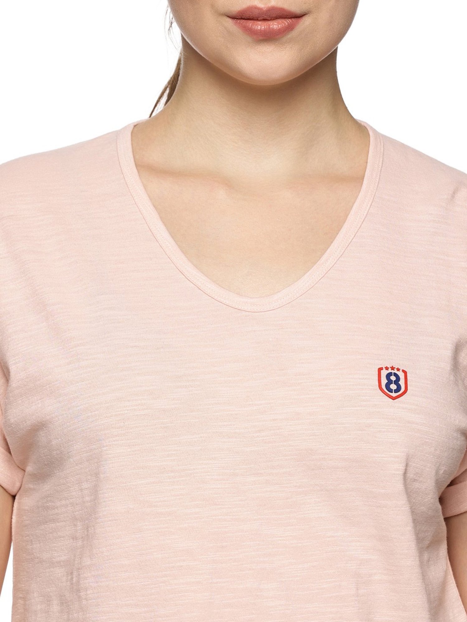 Domin8 Women 100% Organic Cotton U-Neck Mega Sleeve Sports Pink T-Shirt