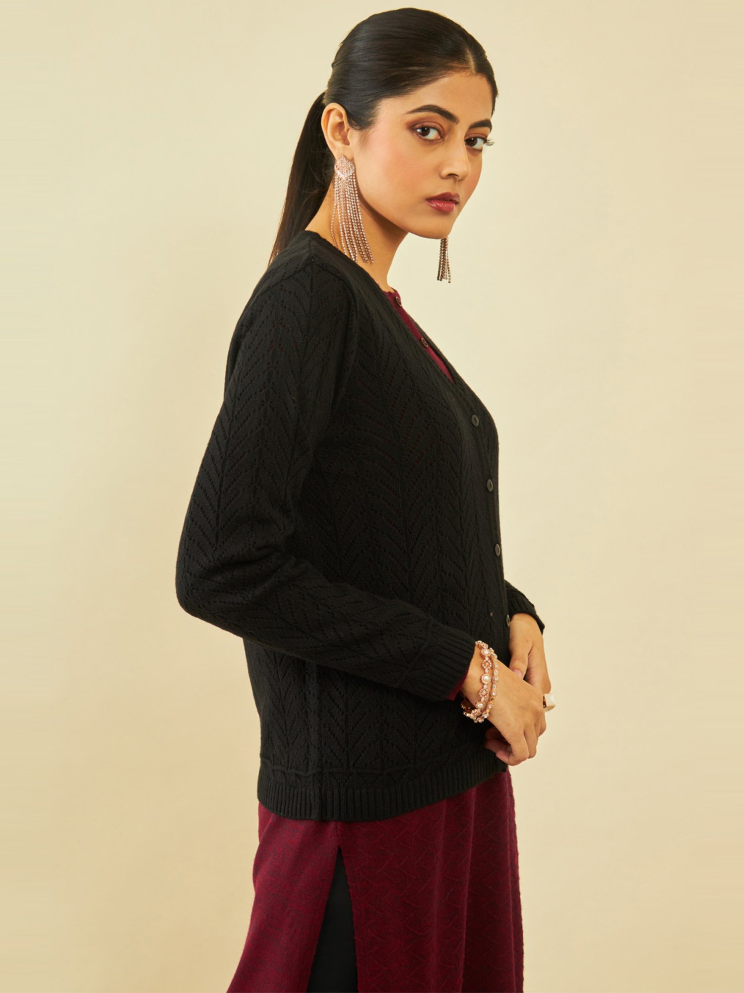 Soch Black Acrylic Chevron Pattern V-Neck Cardigan with Ribbed Hems