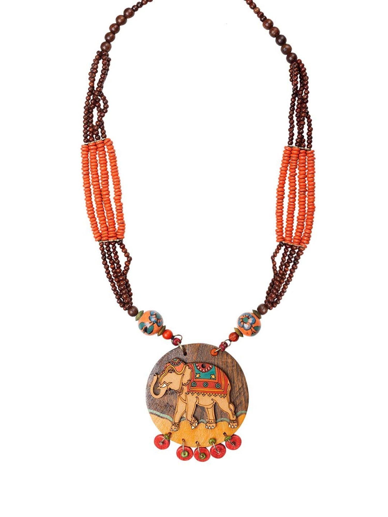 ExclusiveLane 'Tribal Elephant' Orange & Brown Handpainted Necklace (Teak Wood)