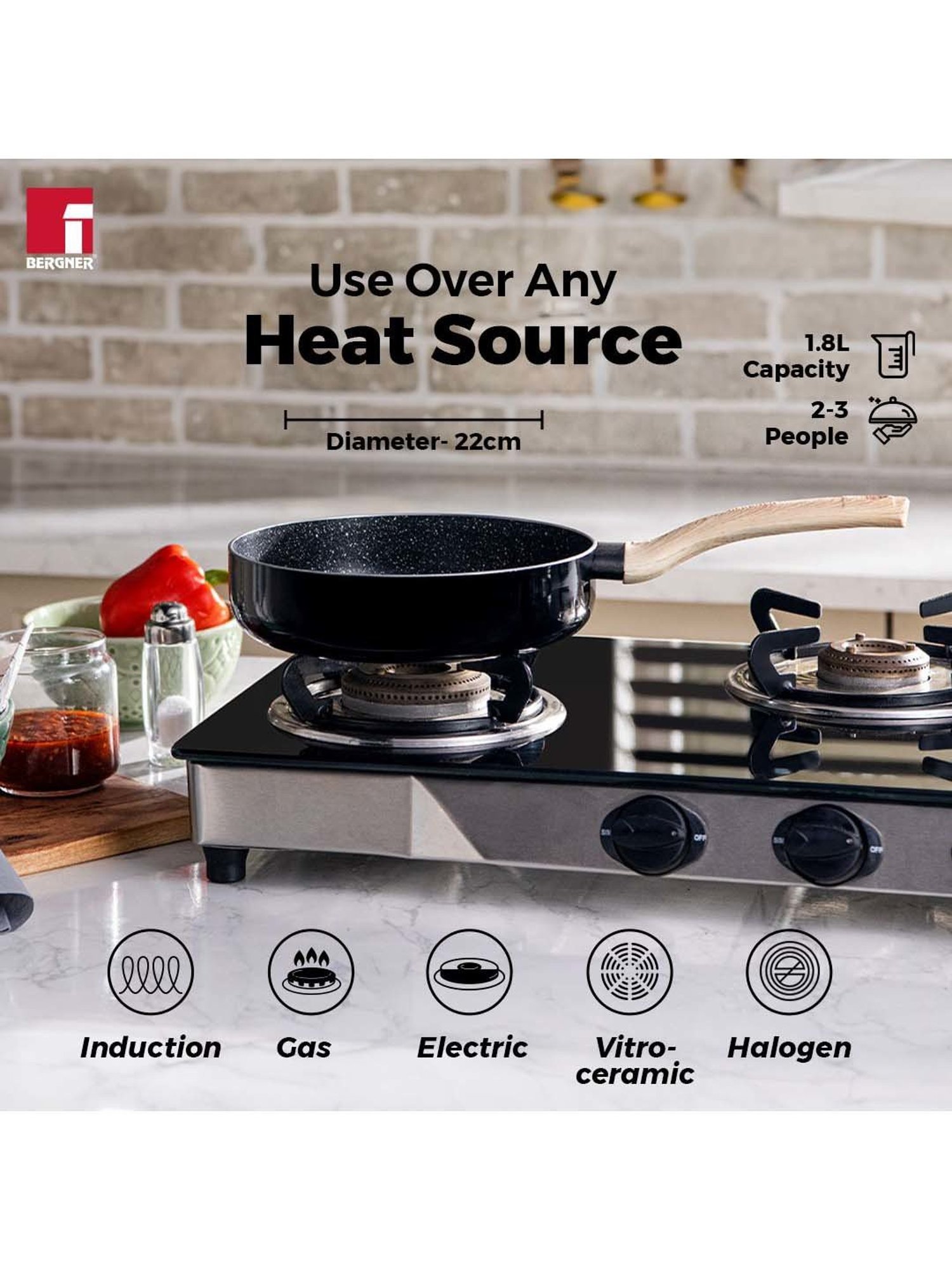 Bergner Bellini & Aura Black 20 cm Induction Deep Frypan With Wooden Finish Handle (1.8 L)