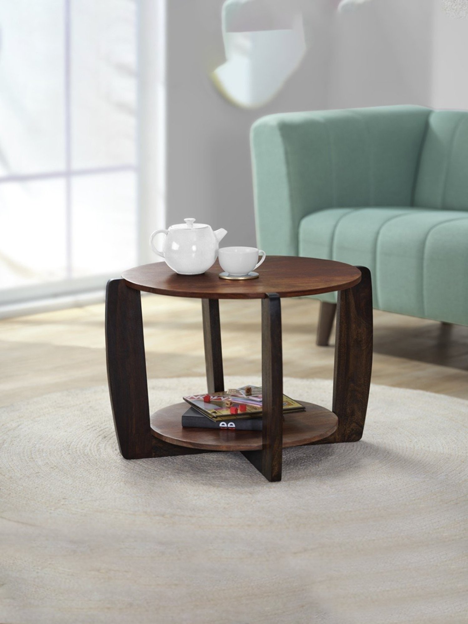 Sleepyhead Stack Brown Sheesham Wood Round Coffee Table with Storage