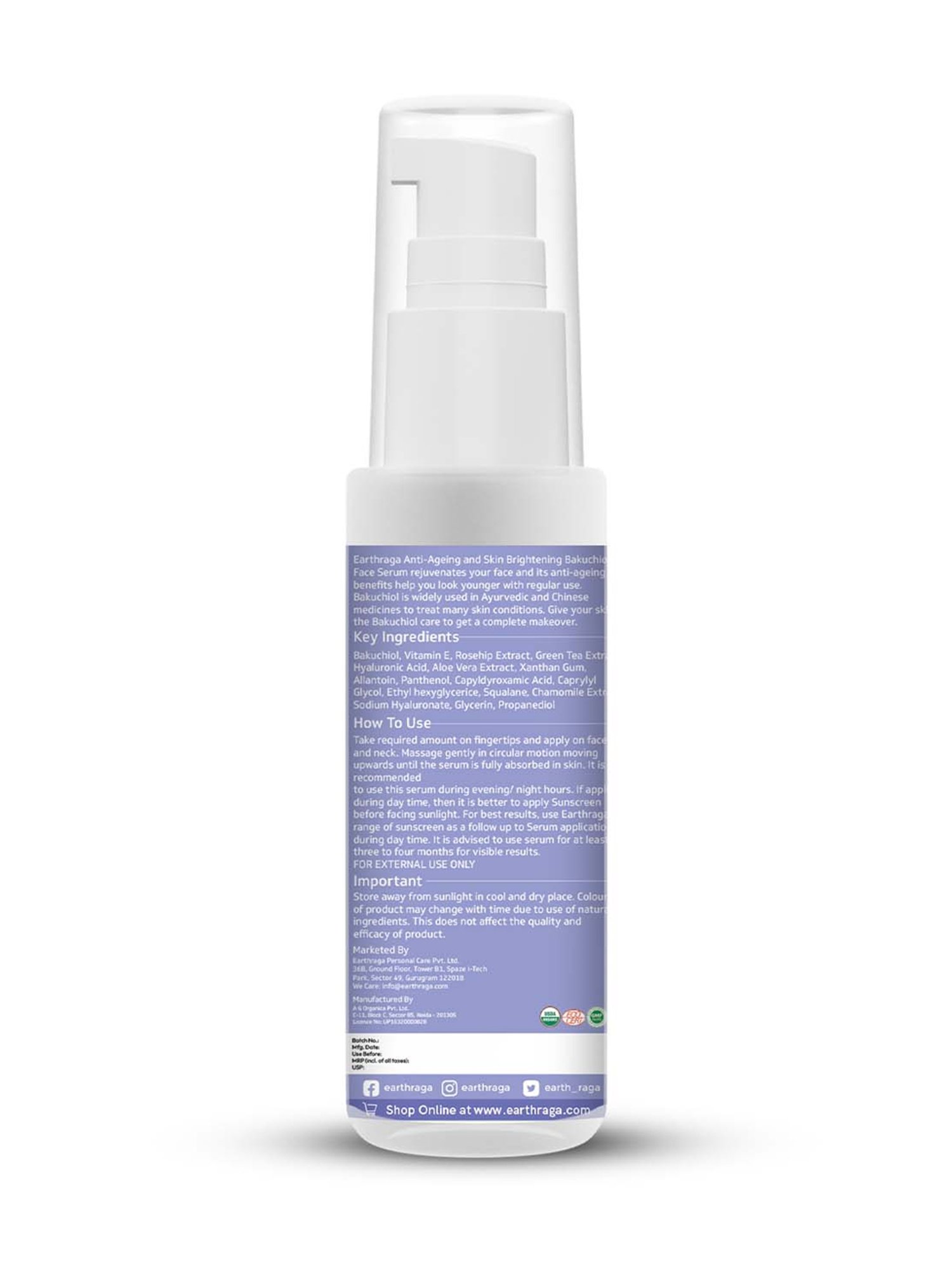 Earthraga Anti-Ageing and Skin Brightening Bakuchiol Face Serum - 30 ml