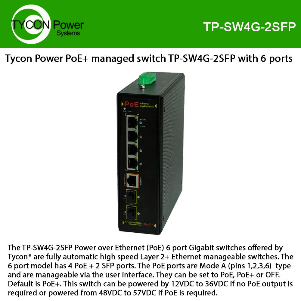 Tycon Power PoE+ managed switch TP-SW4G-2SFP with 6 ports