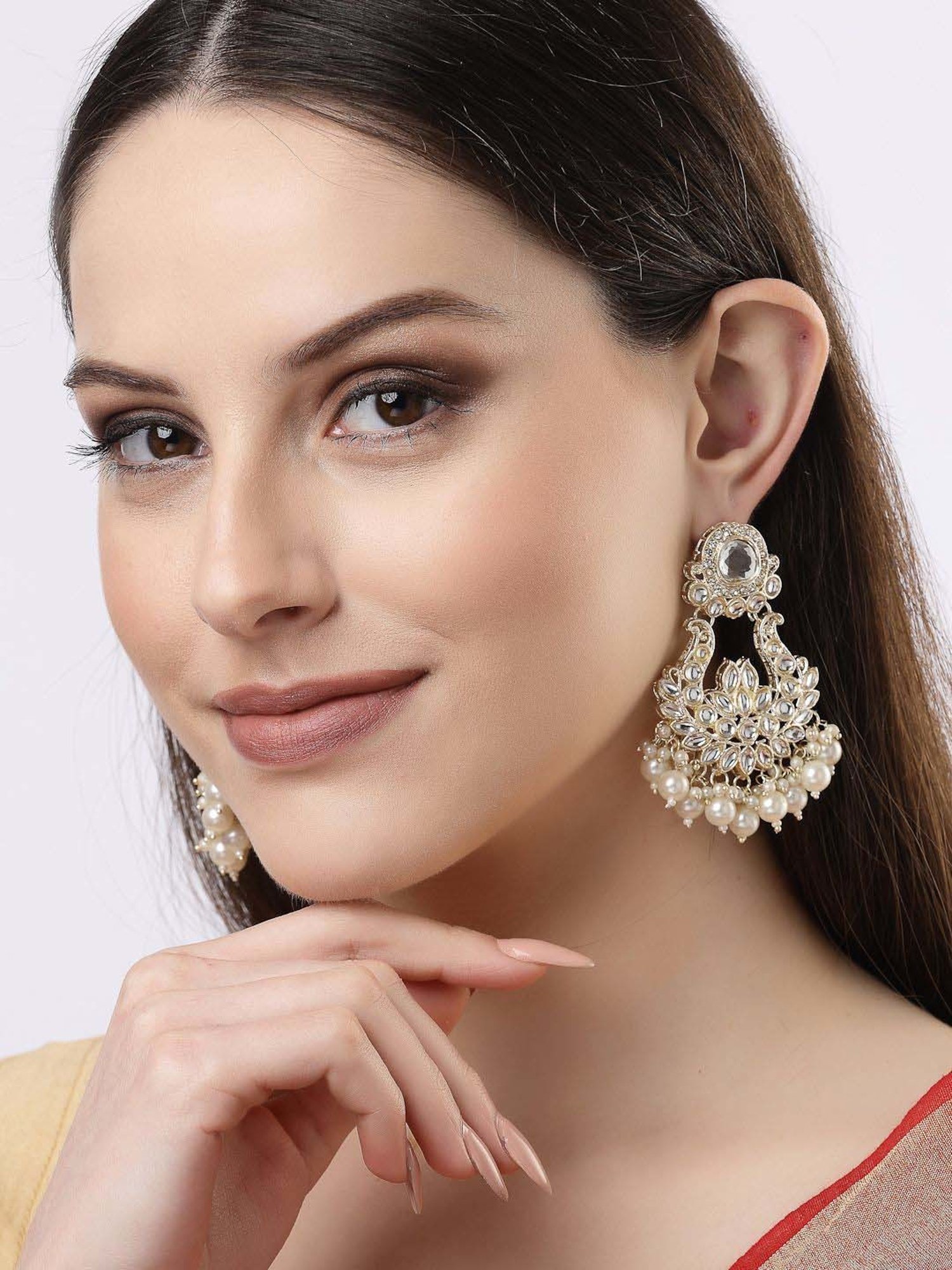 NVR Gold-Plated Kundan Chand Bali Earrings for Women