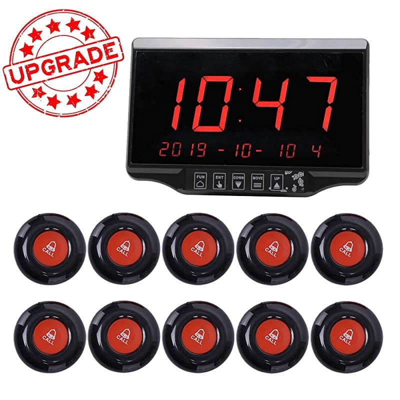 Calling System Restaurant Pager Customers Patient Caregiver Alert Paging System for Clinic Hospital Church Office Cafe Shop Smart Nurse Call Button 1 Display Receiver and 10 Call Button