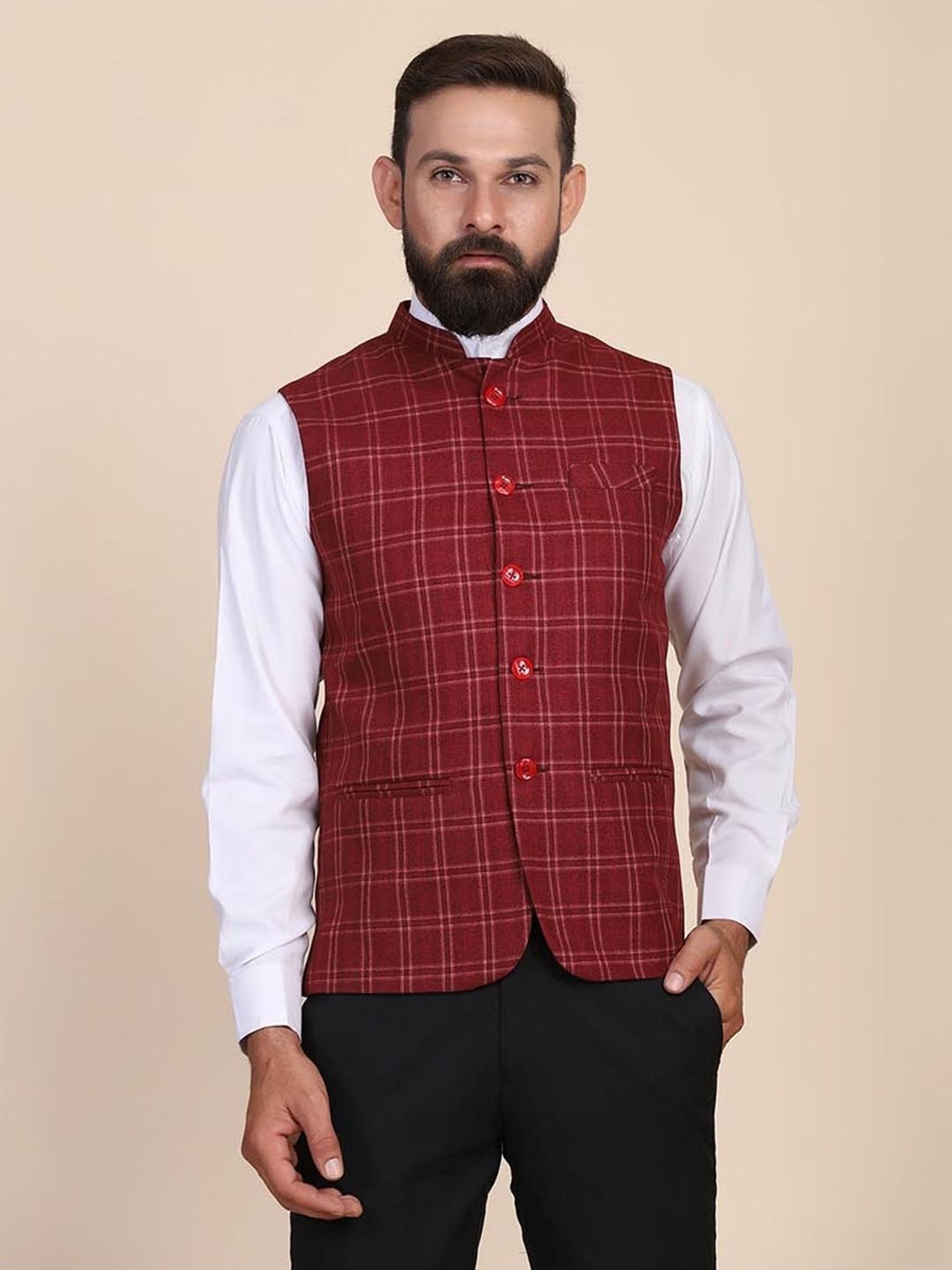 TAHVO Red Slim Fit Checks Nehru Jacket