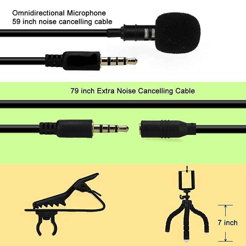 Lapel Microphone Clip On Omnidirectional Condenser Mic with Flexible Aluminum Phone Tripod For Apple iPhone Android Samsung and Smartphones