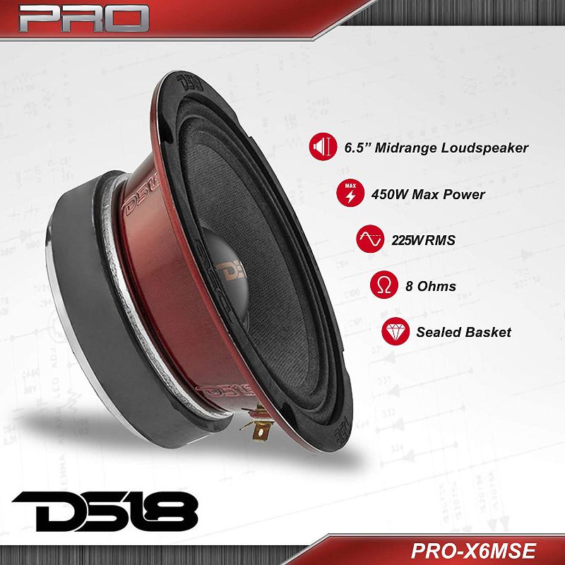 DS18 PRO-X6MSE Pro X 6.5 Inch 450 watt 225 RMS 8 Ohm Mid Range Car and Truck Door Loudspeaker with Black Steel Basket Sealed Back Design