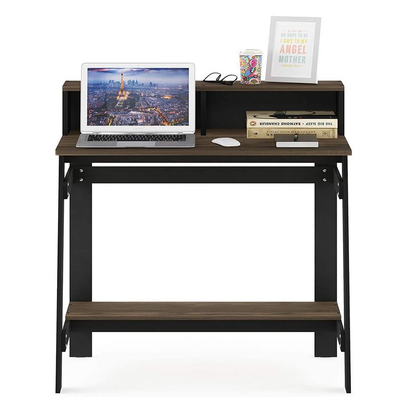 Furinno Simplistic Rectangle A Frame Industrial Freestanding Home Office Computer Desk with Raised Shelf and Bottom Storage, Columbia Walnut