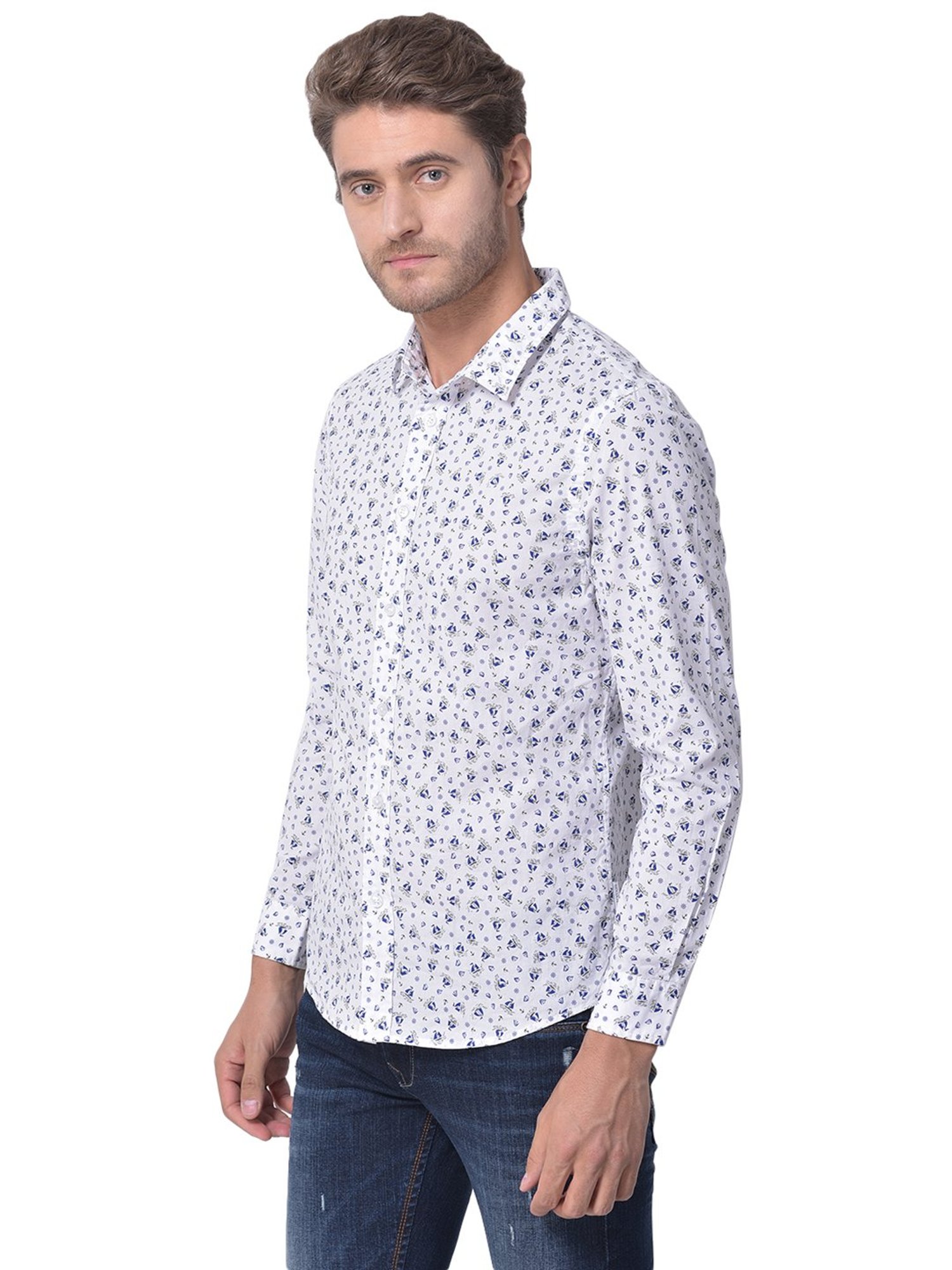 Woodland White Regular Fit Printed Cotton Shirt