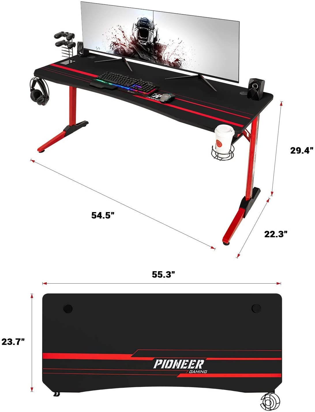 Devoko 55 Inch Gaming Desk T-Shaped PC Computer Table with Free Mouse Pad Carbon Fibre Surface Home Office Desk Gamer Table with Game Handle Rack Headphone Hook and Cup Holder (Black)