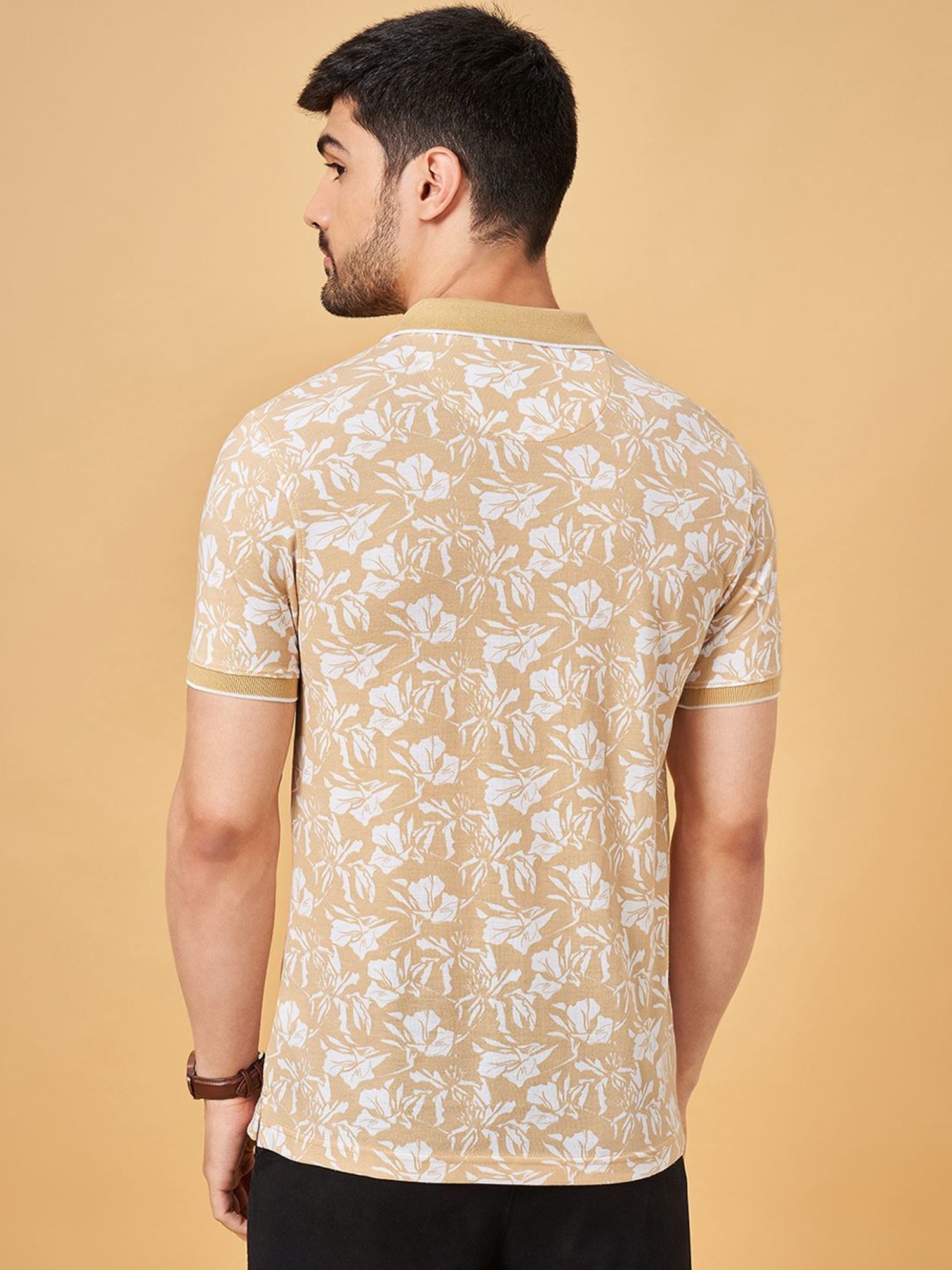 Byford By Pantaloons Peach Slim Fit Printed Polo T-Shirt