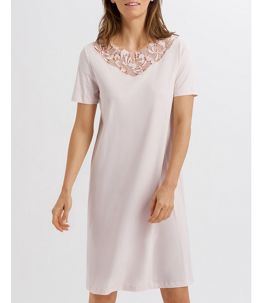 Hanro Hope Solid Interlock Knit Lace Illusion V Round Neck Short Sleeve Short Nightgown