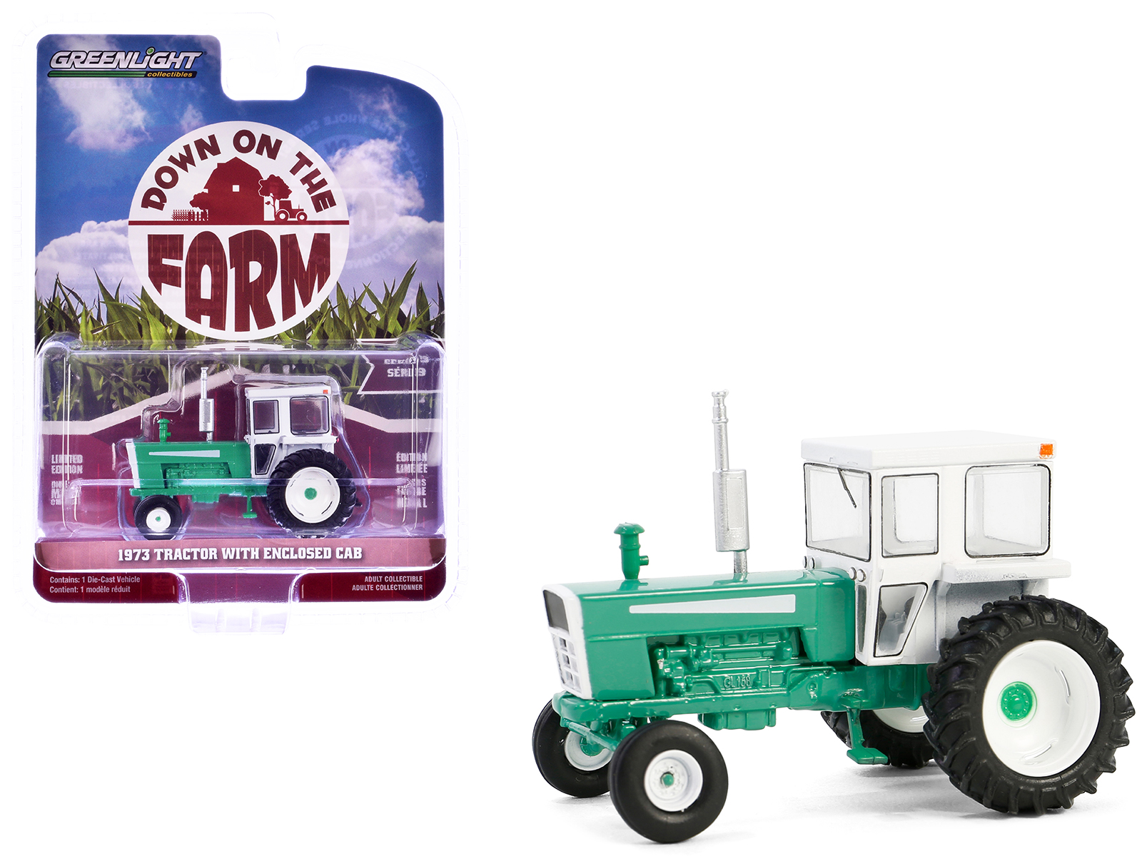 1973 Tractor with Closed Cab Green and White "Down on the Farm" Series 9 1/64 Diecast Model by Greenlight
