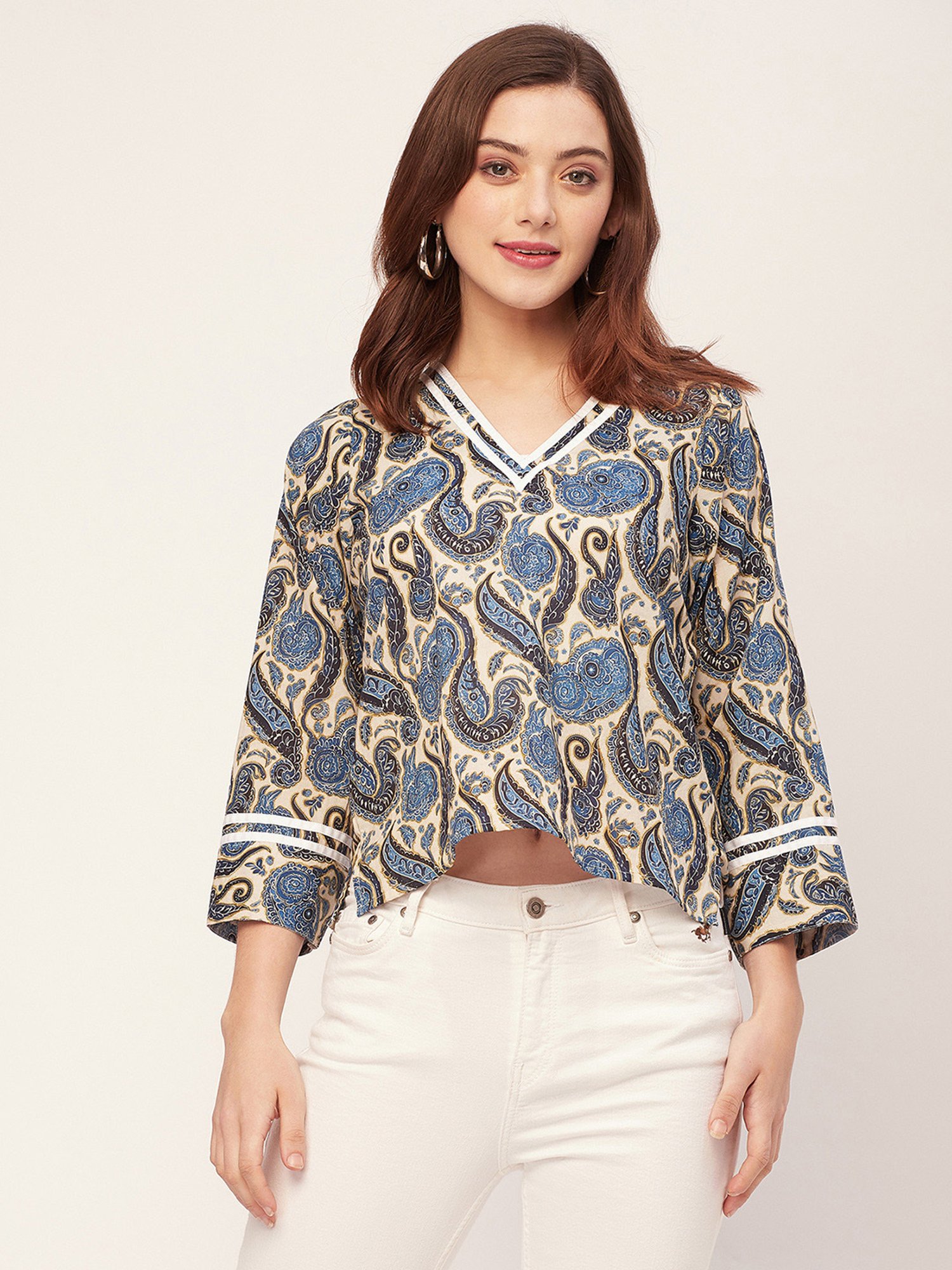 Moomaya Cream & Blue Cotton Printed Top